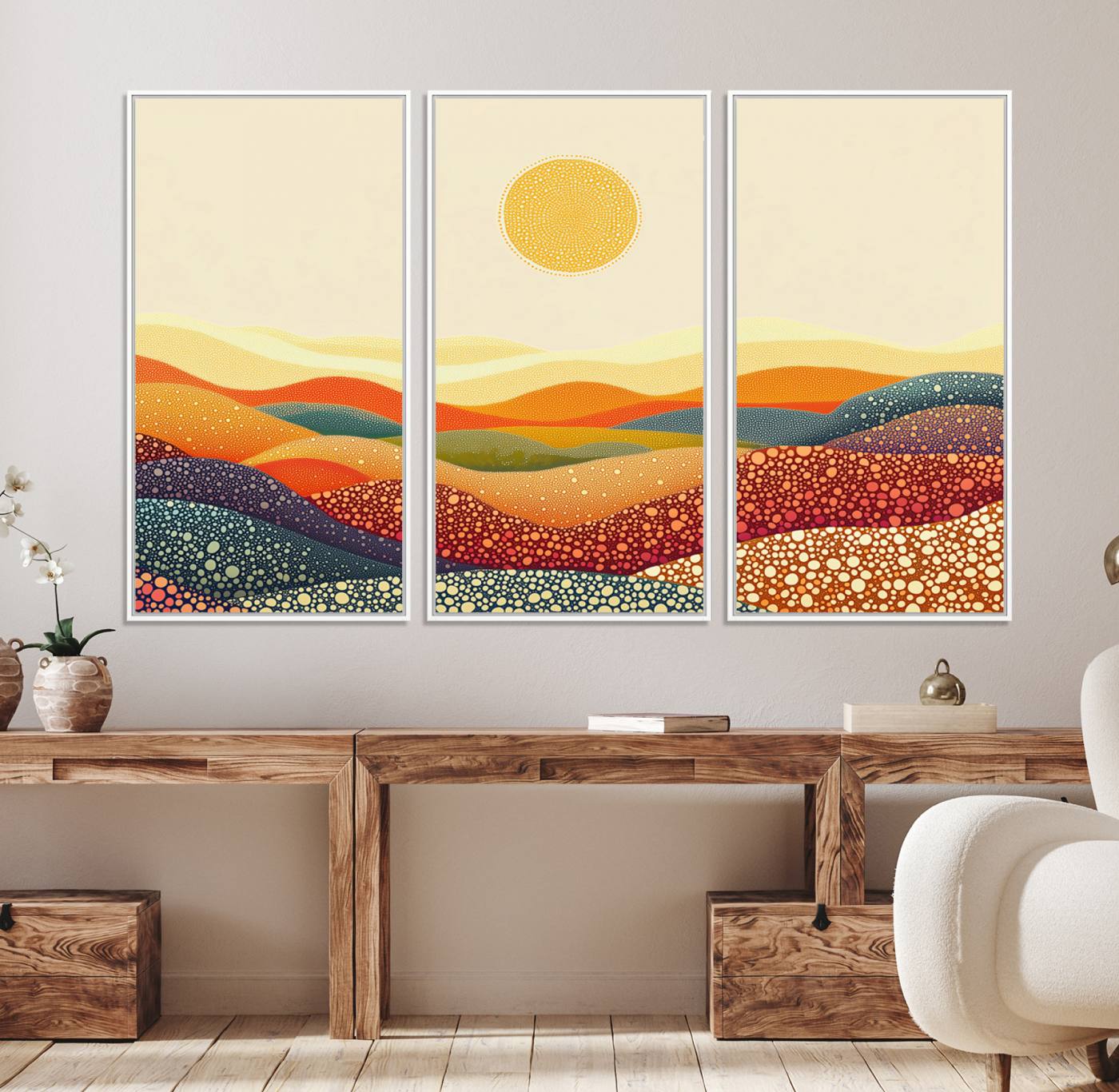 74226-MGV-FC-48X32-3P_White-YAYOI KUSAMA Colorful Dot Art Landscape Canvas - Framed Abstract Pointillism Inspired by Nature with Vibrant Rolling Hills and Sun Art Print
