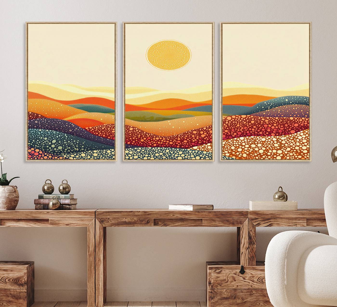 74226-MGV-FC-60X30-3P_Natural-YAYOI KUSAMA Colorful Dot Art Landscape Canvas - Framed Abstract Pointillism Inspired by Nature with Vibrant Rolling Hills and Sun Art Print