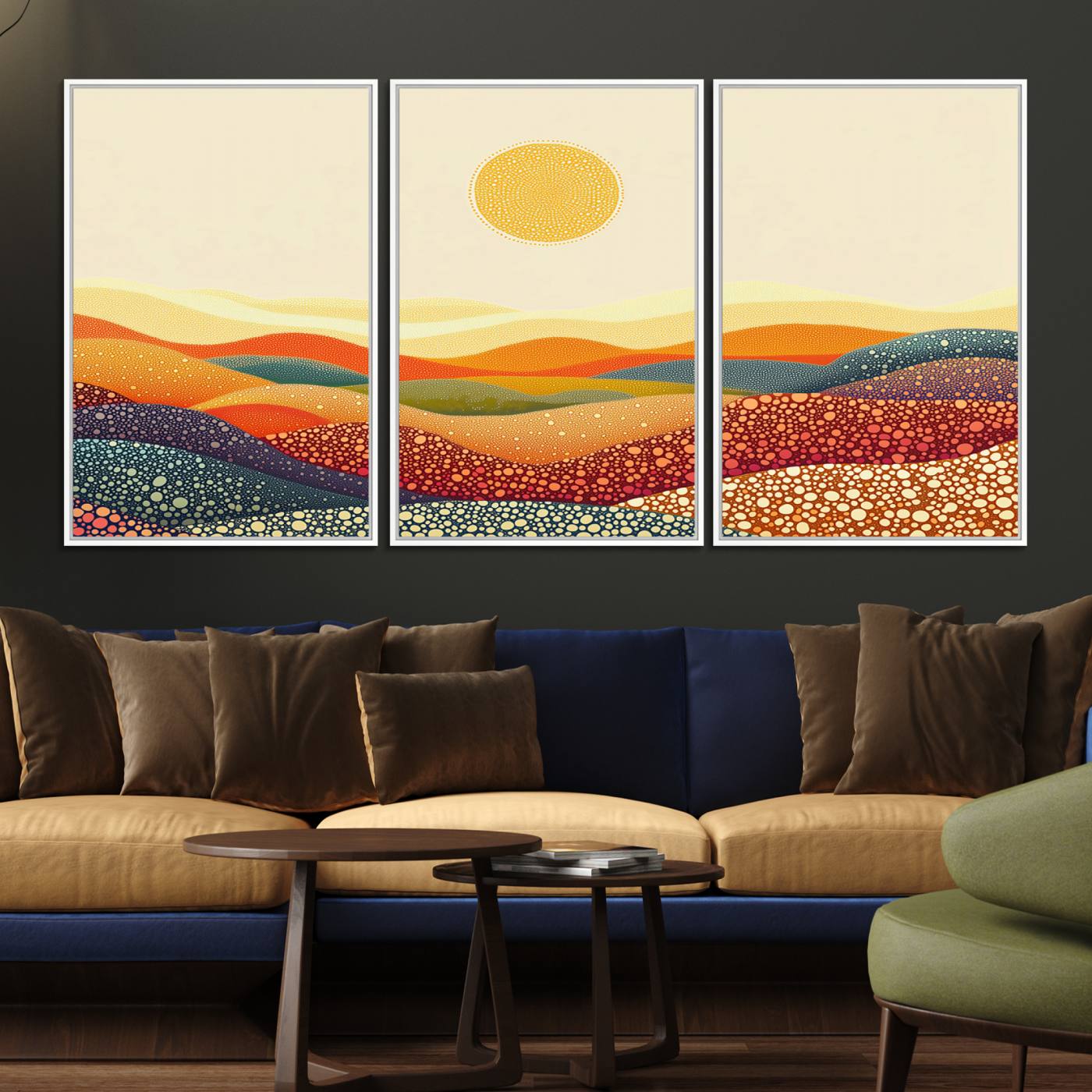 74226-MGV-FC-60X30-3P_White-YAYOI KUSAMA Colorful Dot Art Landscape Canvas - Framed Abstract Pointillism Inspired by Nature with Vibrant Rolling Hills and Sun Art Print