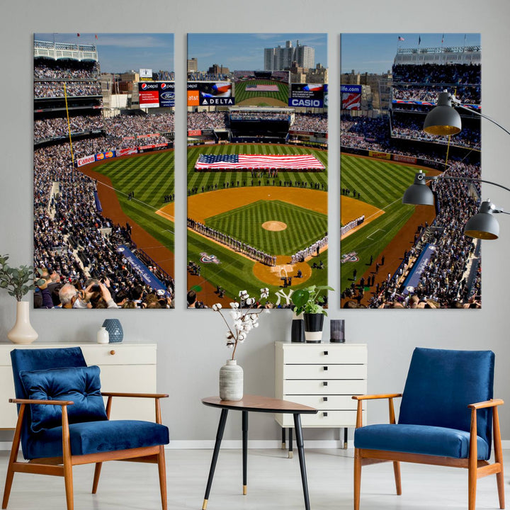 Yankee Stadium New York Wall Art Print | 3-Panel Canvas Print of Yankees Baseball Stadium | Large Framed Wall Decor for Baseball Fans