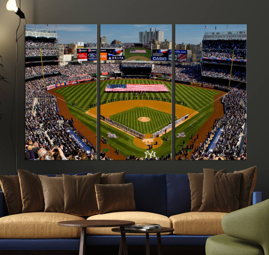 Yankee Stadium New York Wall Art Print | 3-Panel Canvas Print of Yankees Baseball Stadium | Large Framed Wall Decor for Baseball Fans
