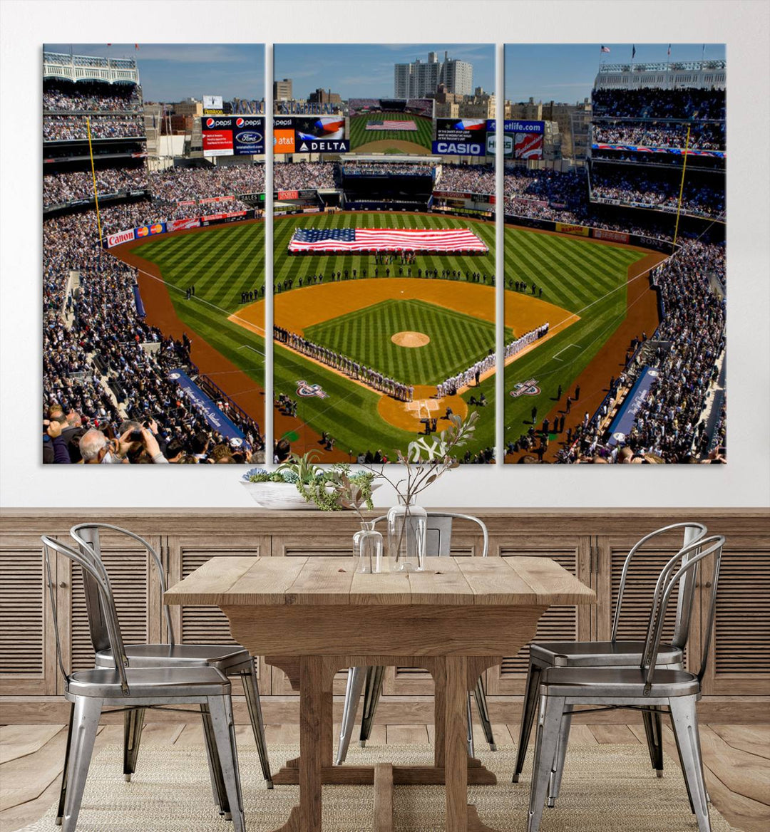Yankee Stadium New York Wall Art Print | 3-Panel Canvas Print of Yankees Baseball Stadium | Large Framed Wall Decor for Baseball Fans