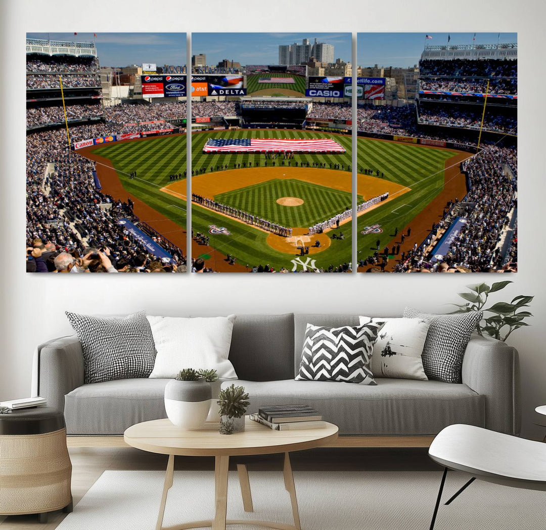 Yankee Stadium New York Wall Art Print | 3-Panel Canvas Print of Yankees Baseball Stadium | Large Framed Wall Decor for Baseball Fans