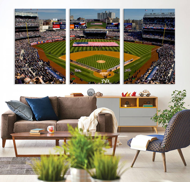 20879-MGV-CV-36X24-Yankee Stadium New York Wall Art Print | 3-Panel Canvas Print of Yankees Baseball Stadium | Large Framed Wall Decor for Baseball Fans