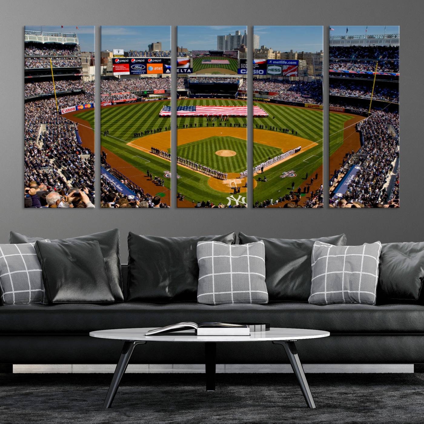 20879-MGV-CV-36X24-Yankee Stadium New York Wall Art Print | 3-Panel Canvas Print of Yankees Baseball Stadium | Large Framed Wall Decor for Baseball Fans