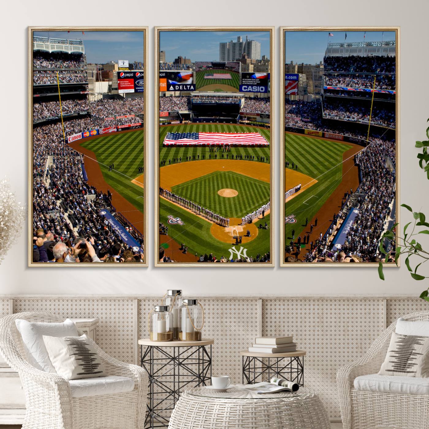 20879-MGV-CV-36X24-Yankee Stadium New York Wall Art Print | 3-Panel Canvas Print of Yankees Baseball Stadium | Large Framed Wall Decor for Baseball Fans