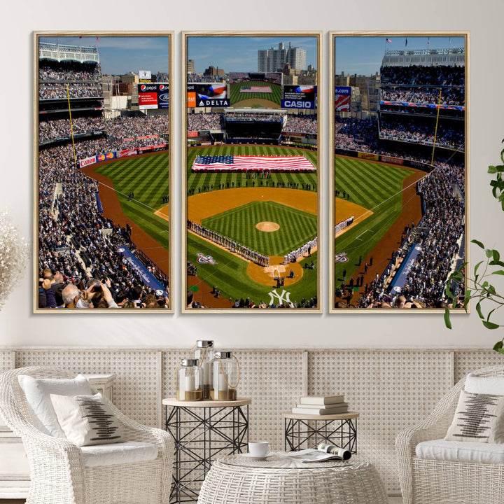 20879-MGV-CV-36X24-Yankee Stadium New York Wall Art Print | 3-Panel Canvas Print of Yankees Baseball Stadium | Large Framed Wall Decor for Baseball Fans