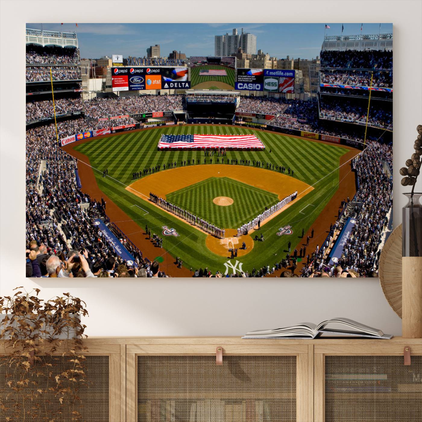 20879-MGV-CV-36X24-Yankee Stadium New York Wall Art Print | 3-Panel Canvas Print of Yankees Baseball Stadium | Large Framed Wall Decor for Baseball Fans