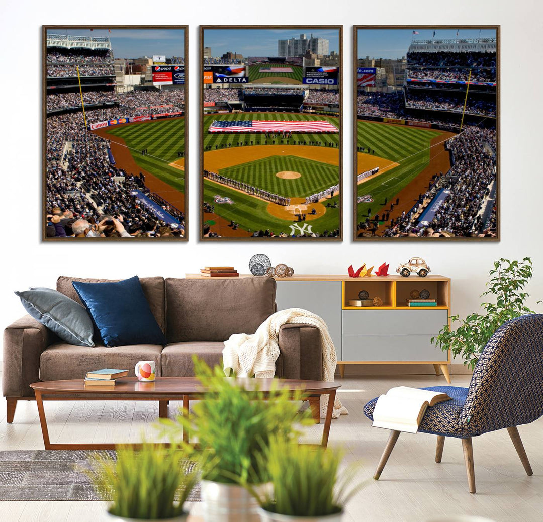 20879-MGV-CV-36X24-Yankee Stadium New York Wall Art Print | 3-Panel Canvas Print of Yankees Baseball Stadium | Large Framed Wall Decor for Baseball Fans