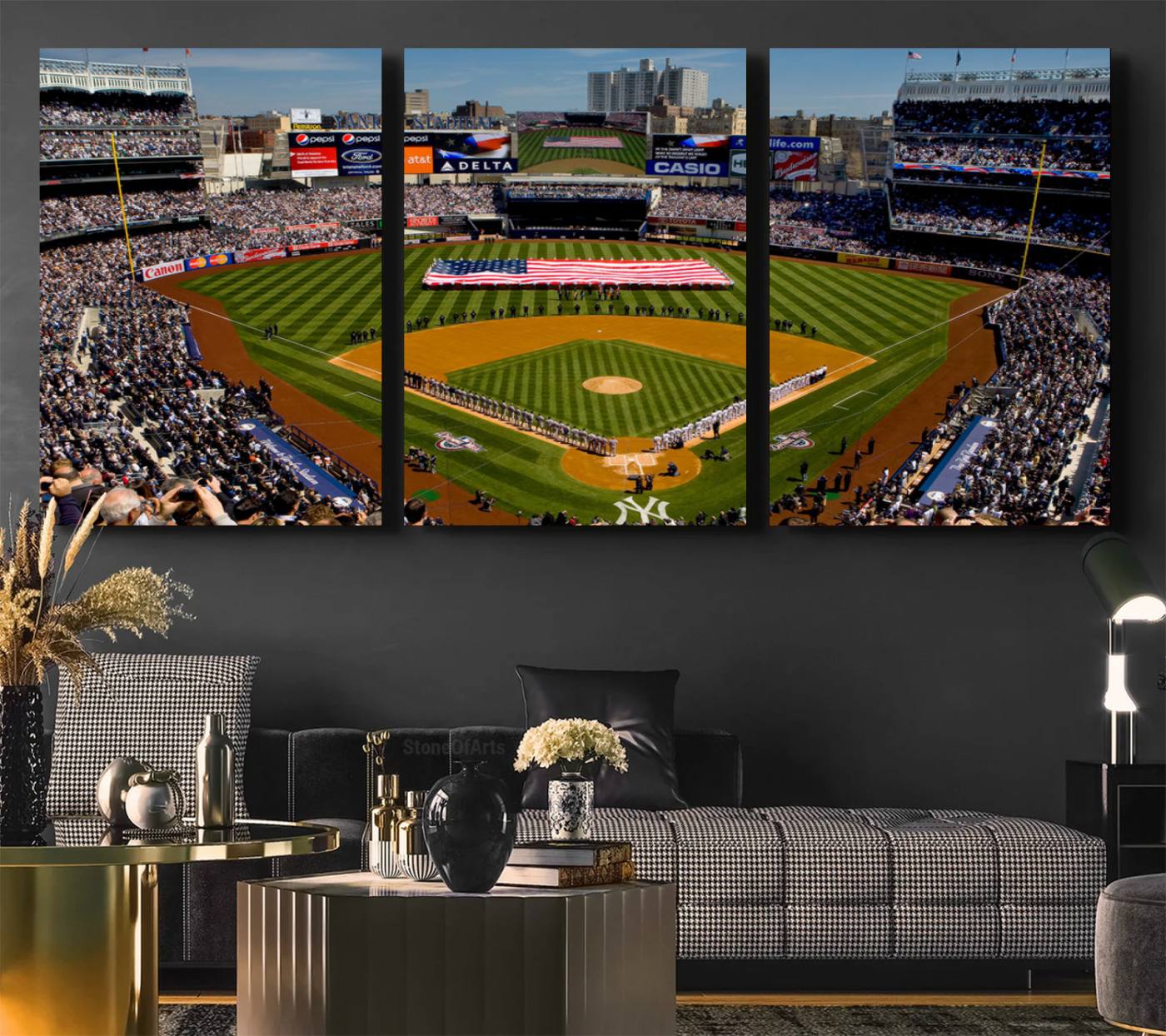 20879-MGV-CV-60X30-3P-Yankee Stadium New York Wall Art Print | 3-Panel Canvas Print of Yankees Baseball Stadium | Large Framed Wall Decor for Baseball Fans