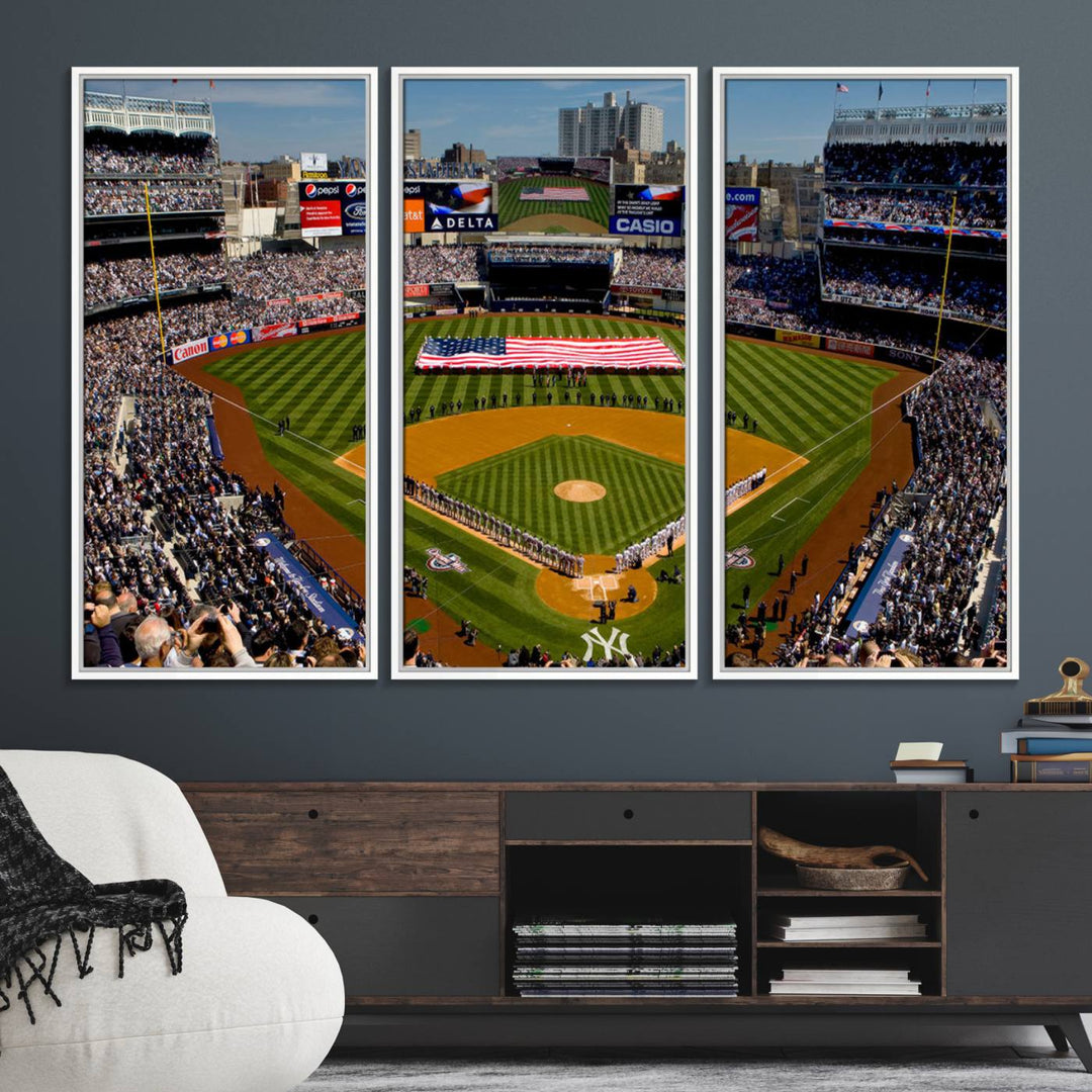 20879-MGV-FC-48X32-3P_White-Yankee Stadium New York Wall Art Print | 3-Panel Canvas Print of Yankees Baseball Stadium | Large Framed Wall Decor for Baseball Fans