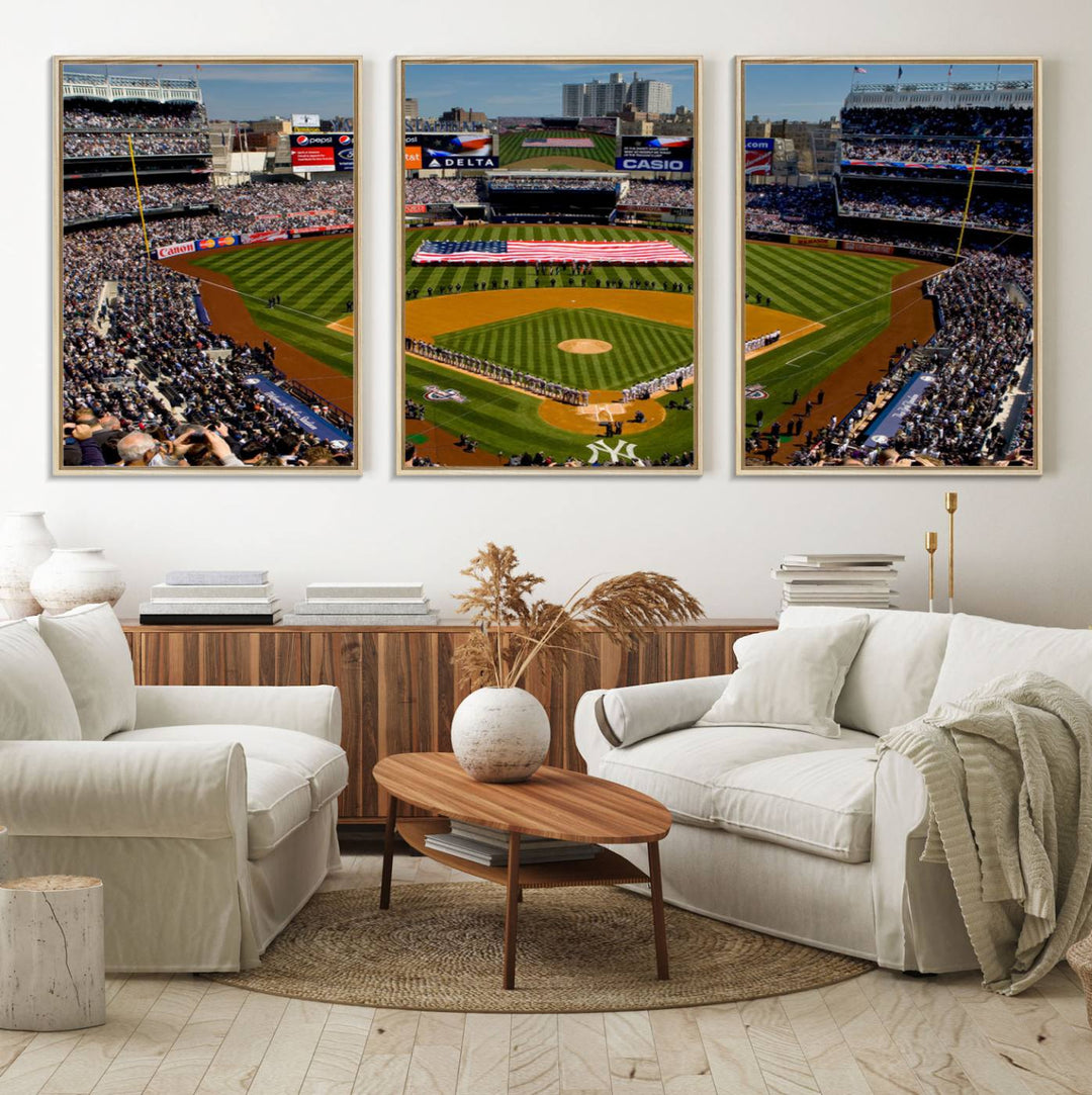 20879-MGV-FC-60X30-3P_Natural-Yankee Stadium New York Wall Art Print | 3-Panel Canvas Print of Yankees Baseball Stadium | Large Framed Wall Decor for Baseball Fans