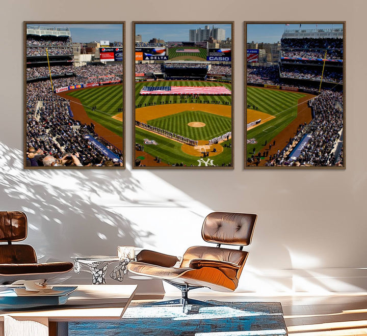 20879-MGV-FC-60X30-3P_Walnut-Yankee Stadium New York Wall Art Print | 3-Panel Canvas Print of Yankees Baseball Stadium | Large Framed Wall Decor for Baseball Fans