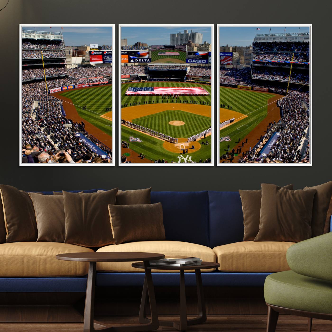 20879-MGV-FC-60X30-3P_White-Yankee Stadium New York Wall Art Print | 3-Panel Canvas Print of Yankees Baseball Stadium | Large Framed Wall Decor for Baseball Fans