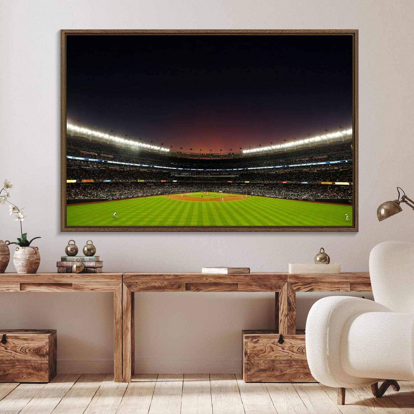 59138-MGV-FC-36X24_Walnut-Yankee Stadium Night Game Triple Canvas, Yankee Stadium Canvas Wall Art - New York Yankees MLB Match