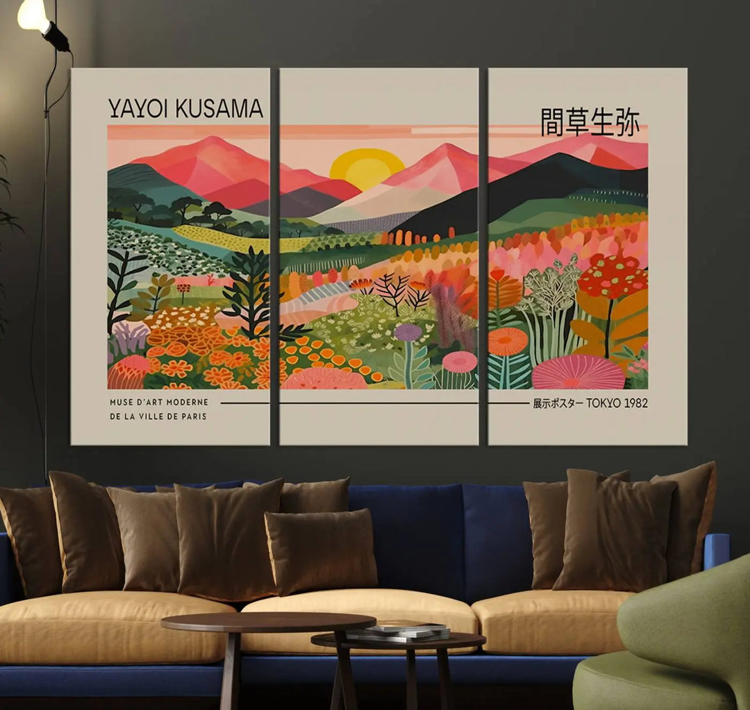 The Yayoi Kusama 1986 Wall Art Print Landscape Canvas Print, a vibrant triptych with abstract landscape art and bold floral motifs, serves as a stunning centerpiece for contemporary décor enthusiasts in this stylish living room.