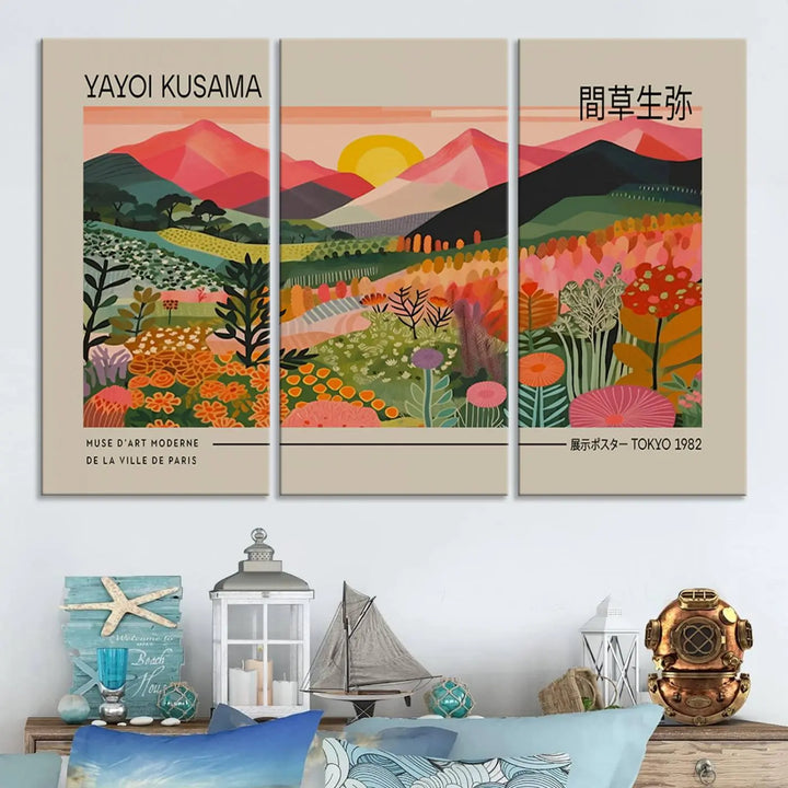 The Yayoi Kusama 1986 Wall Art Print Landscape Canvas Print, a vibrant triptych with abstract landscape art and bold floral motifs, serves as a stunning centerpiece for contemporary décor enthusiasts in this stylish living room.