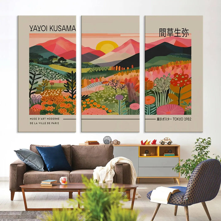 The Yayoi Kusama 1986 Wall Art Print Landscape Canvas Print, a vibrant triptych with abstract landscape art and bold floral motifs, serves as a stunning centerpiece for contemporary décor enthusiasts in this stylish living room.