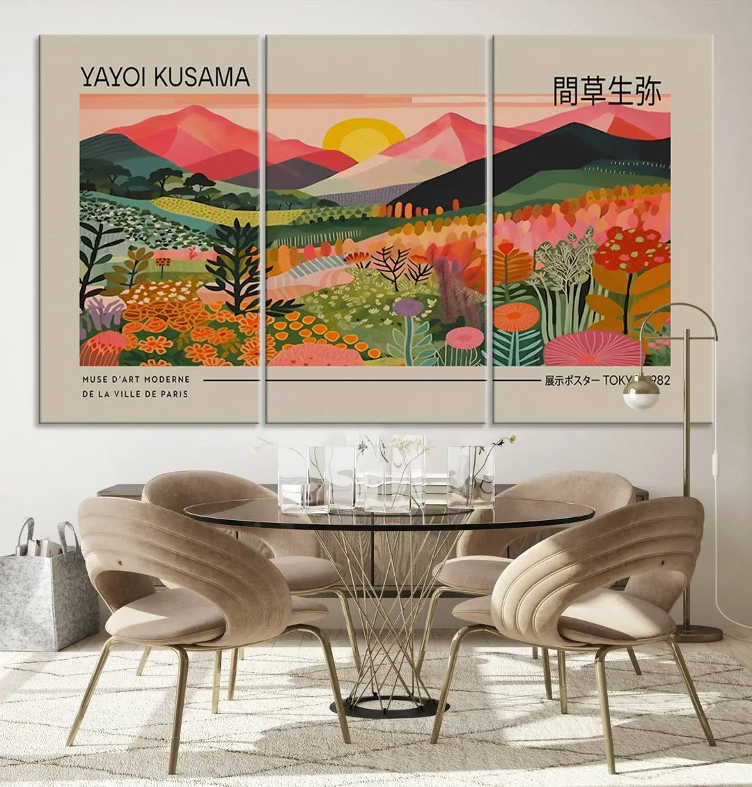 The Yayoi Kusama 1986 Wall Art Print Landscape Canvas Print, a vibrant triptych with abstract landscape art and bold floral motifs, serves as a stunning centerpiece for contemporary décor enthusiasts in this stylish living room.