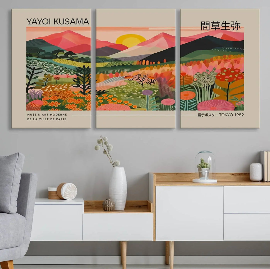 The Yayoi Kusama 1986 Wall Art Print Landscape Canvas Print, a vibrant triptych with abstract landscape art and bold floral motifs, serves as a stunning centerpiece for contemporary décor enthusiasts in this stylish living room.