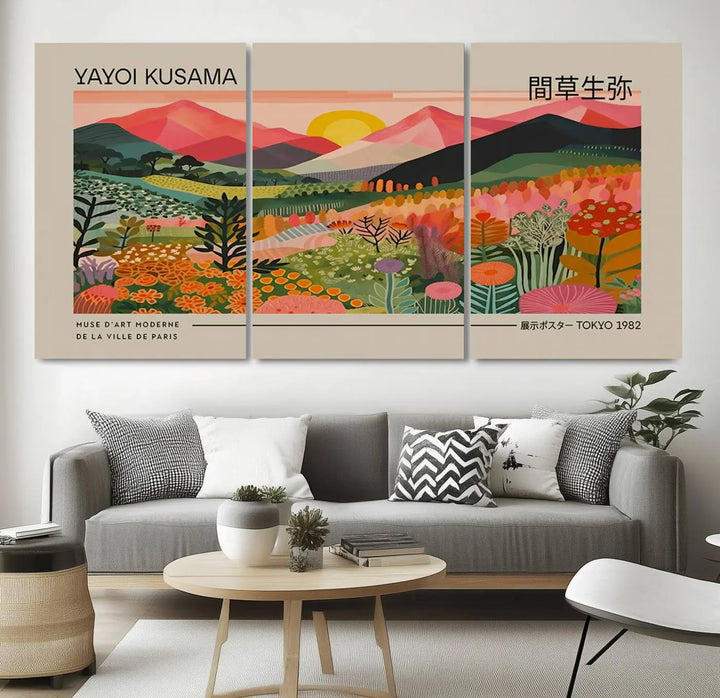 The Yayoi Kusama 1986 Wall Art Print Landscape Canvas Print, a vibrant triptych with abstract landscape art and bold floral motifs, serves as a stunning centerpiece for contemporary décor enthusiasts in this stylish living room.