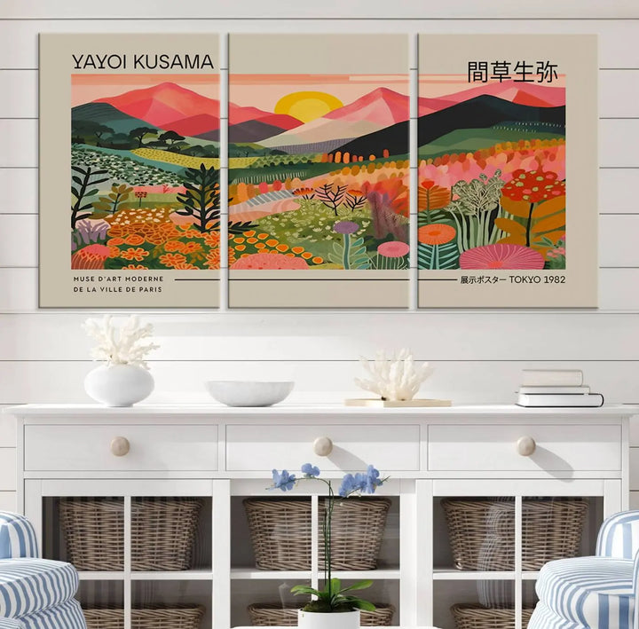 The Yayoi Kusama 1986 Wall Art Print Landscape Canvas Print, a vibrant triptych with abstract landscape art and bold floral motifs, serves as a stunning centerpiece for contemporary décor enthusiasts in this stylish living room.