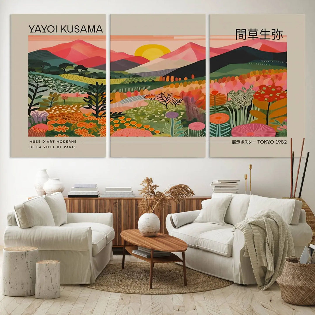 The Yayoi Kusama 1986 Wall Art Print Landscape Canvas Print, a vibrant triptych with abstract landscape art and bold floral motifs, serves as a stunning centerpiece for contemporary décor enthusiasts in this stylish living room.