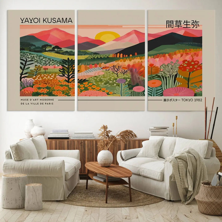 The Yayoi Kusama 1986 Wall Art Print Landscape Canvas Print, a vibrant triptych with abstract landscape art and bold floral motifs, serves as a stunning centerpiece for contemporary décor enthusiasts in this stylish living room.