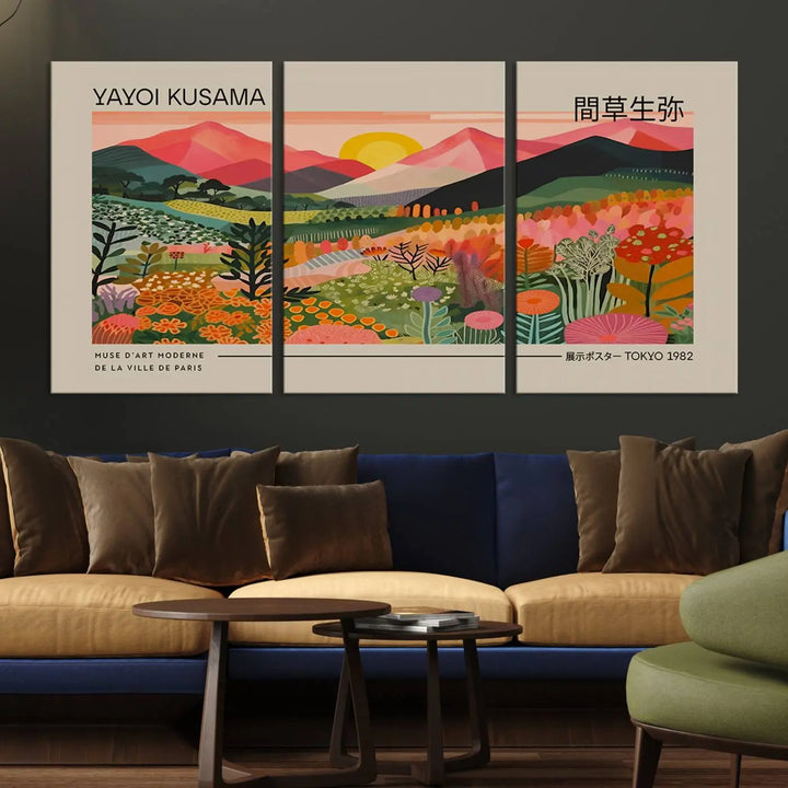 The Yayoi Kusama 1986 Wall Art Print Landscape Canvas Print, a vibrant triptych with abstract landscape art and bold floral motifs, serves as a stunning centerpiece for contemporary décor enthusiasts in this stylish living room.