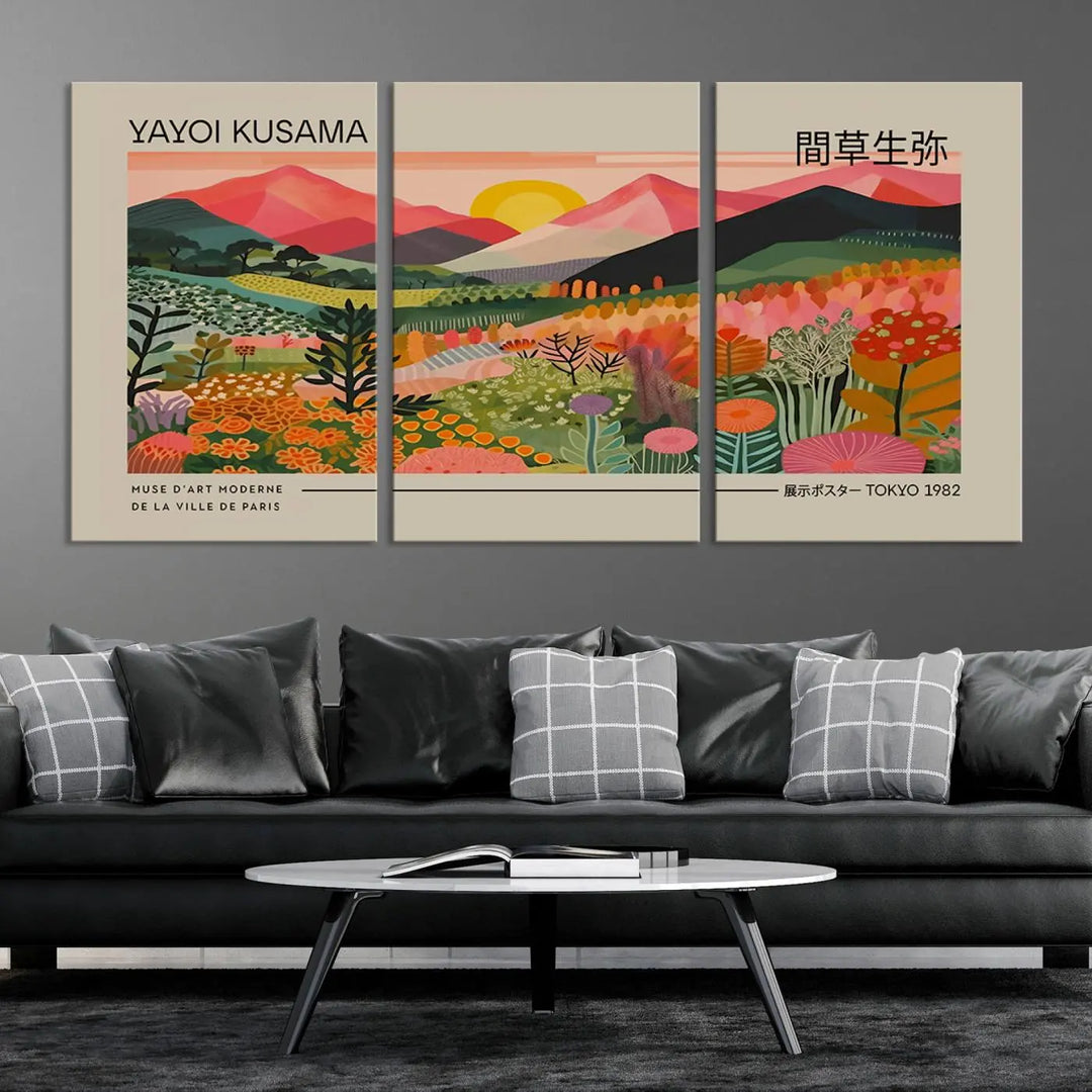 The Yayoi Kusama 1986 Wall Art Print Landscape Canvas Print, a vibrant triptych with abstract landscape art and bold floral motifs, serves as a stunning centerpiece for contemporary décor enthusiasts in this stylish living room.