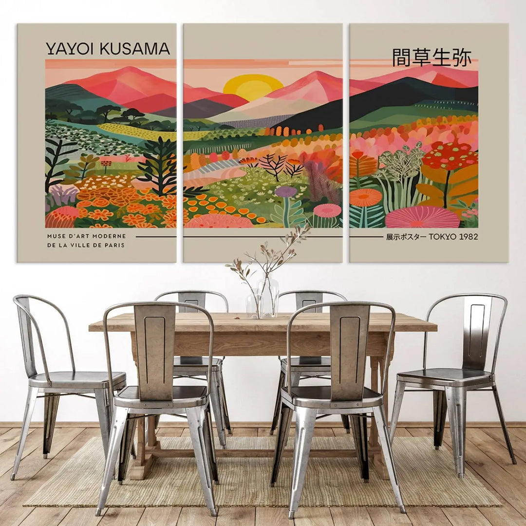 The Yayoi Kusama 1986 Wall Art Print Landscape Canvas Print, a vibrant triptych with abstract landscape art and bold floral motifs, serves as a stunning centerpiece for contemporary décor enthusiasts in this stylish living room.