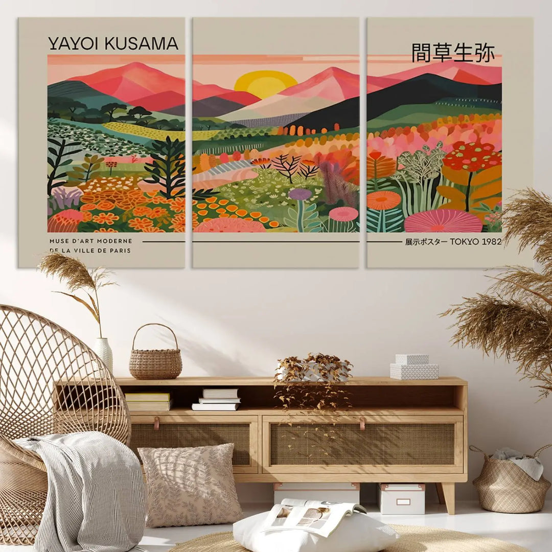 The Yayoi Kusama 1986 Wall Art Print Landscape Canvas Print, a vibrant triptych with abstract landscape art and bold floral motifs, serves as a stunning centerpiece for contemporary décor enthusiasts in this stylish living room.