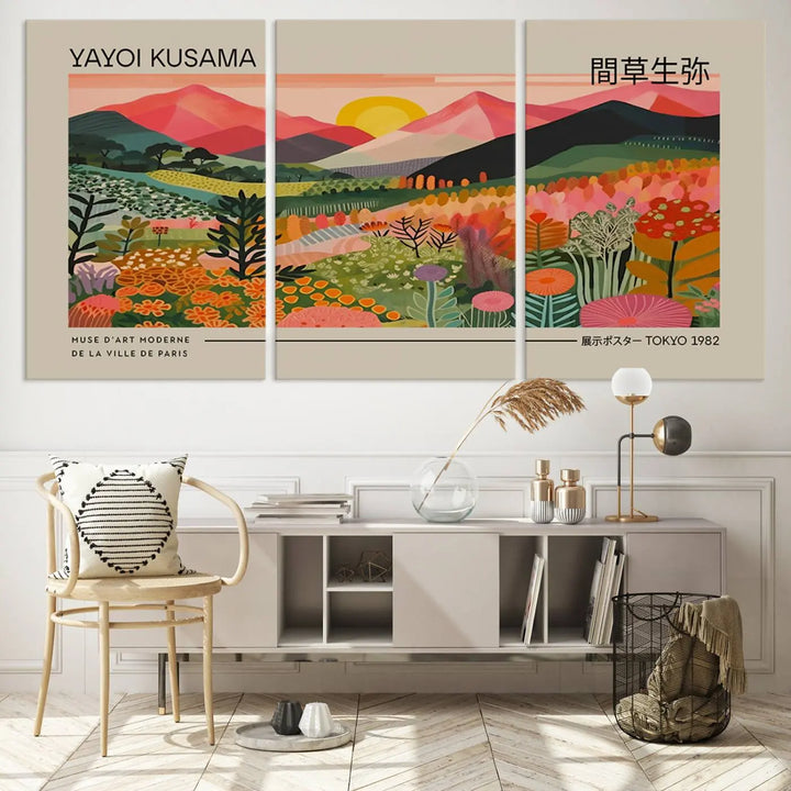 The Yayoi Kusama 1986 Wall Art Print Landscape Canvas Print, a vibrant triptych with abstract landscape art and bold floral motifs, serves as a stunning centerpiece for contemporary décor enthusiasts in this stylish living room.