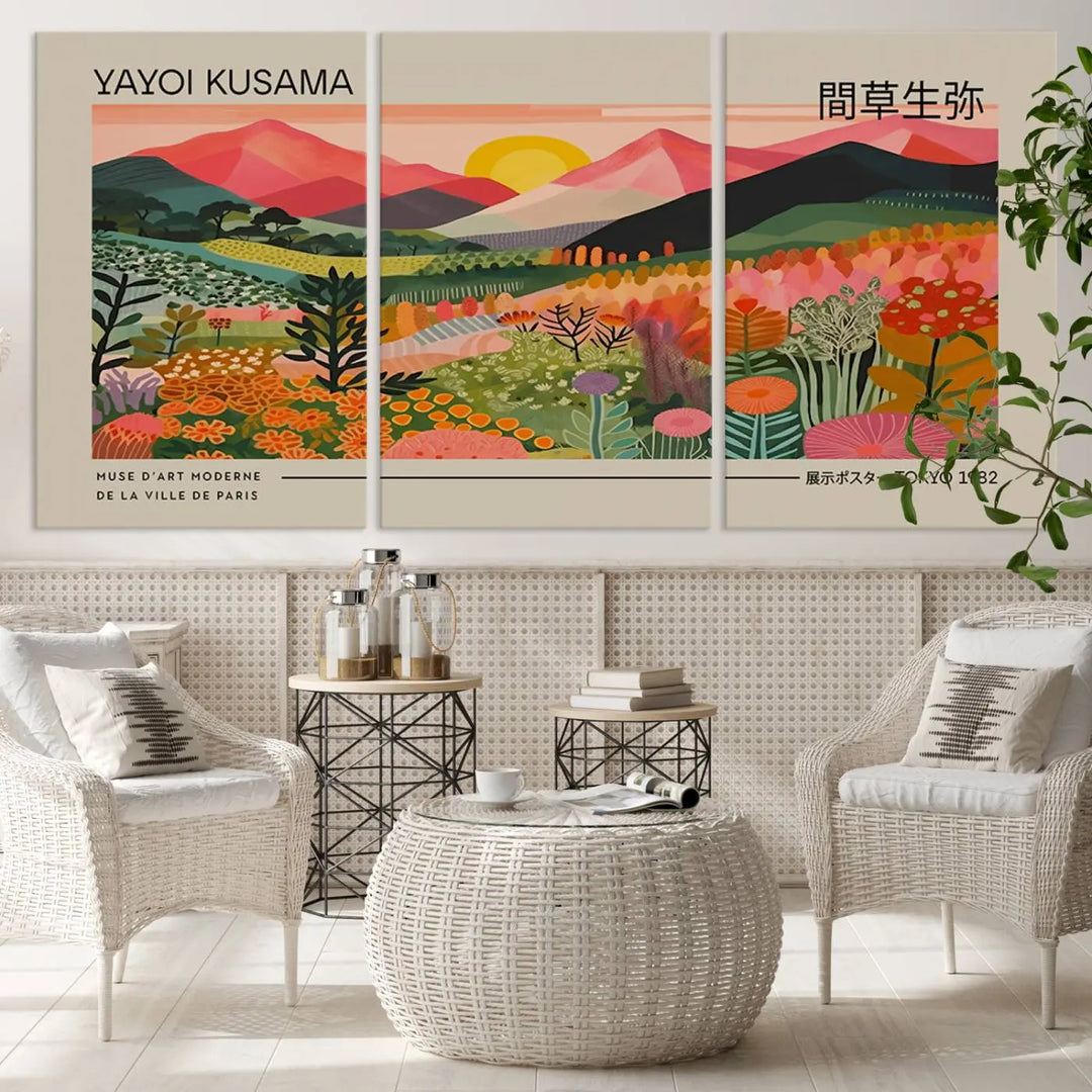 The Yayoi Kusama 1986 Wall Art Print Landscape Canvas Print, a vibrant triptych with abstract landscape art and bold floral motifs, serves as a stunning centerpiece for contemporary décor enthusiasts in this stylish living room.