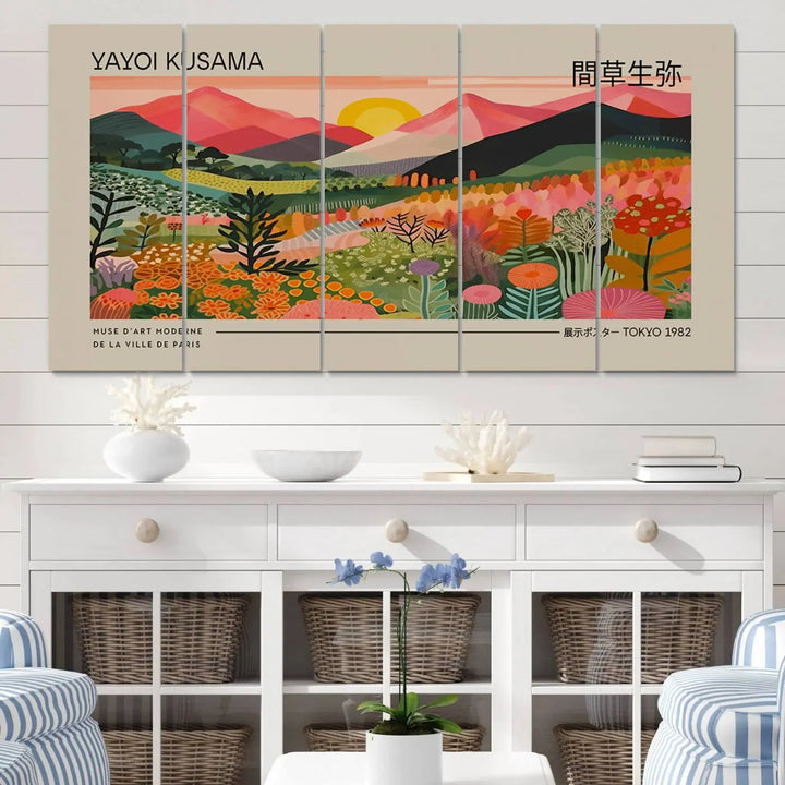 The Yayoi Kusama 1986 Wall Art Print Landscape Canvas Print, a vibrant triptych with abstract landscape art and bold floral motifs, serves as a stunning centerpiece for contemporary décor enthusiasts in this stylish living room.