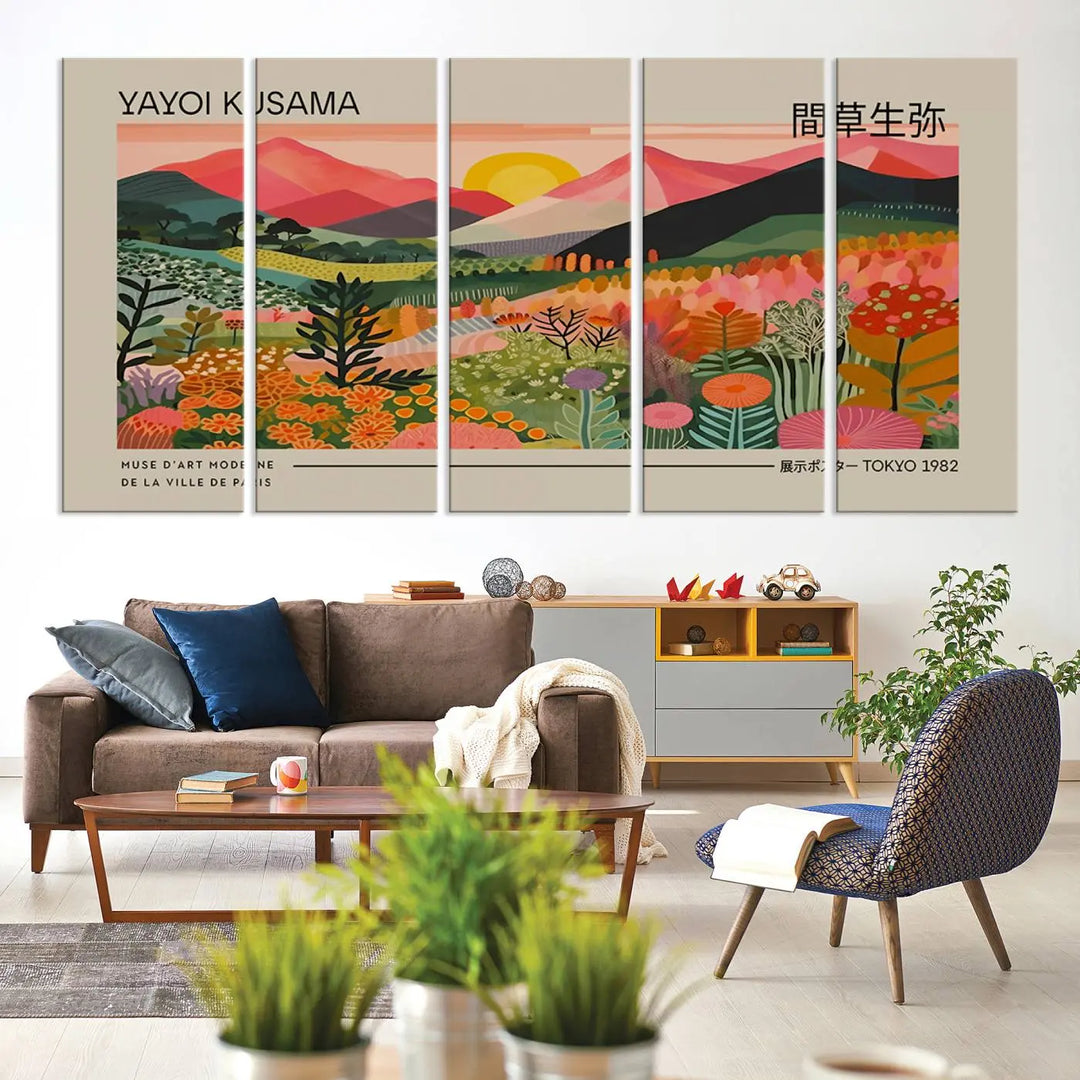 The Yayoi Kusama 1986 Wall Art Print Landscape Canvas Print, a vibrant triptych with abstract landscape art and bold floral motifs, serves as a stunning centerpiece for contemporary décor enthusiasts in this stylish living room.