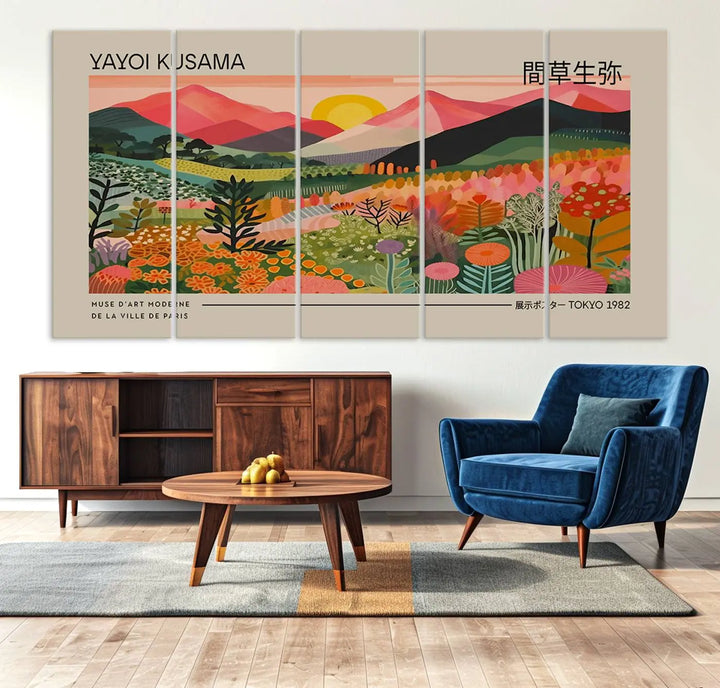 The Yayoi Kusama 1986 Wall Art Print Landscape Canvas Print, a vibrant triptych with abstract landscape art and bold floral motifs, serves as a stunning centerpiece for contemporary décor enthusiasts in this stylish living room.