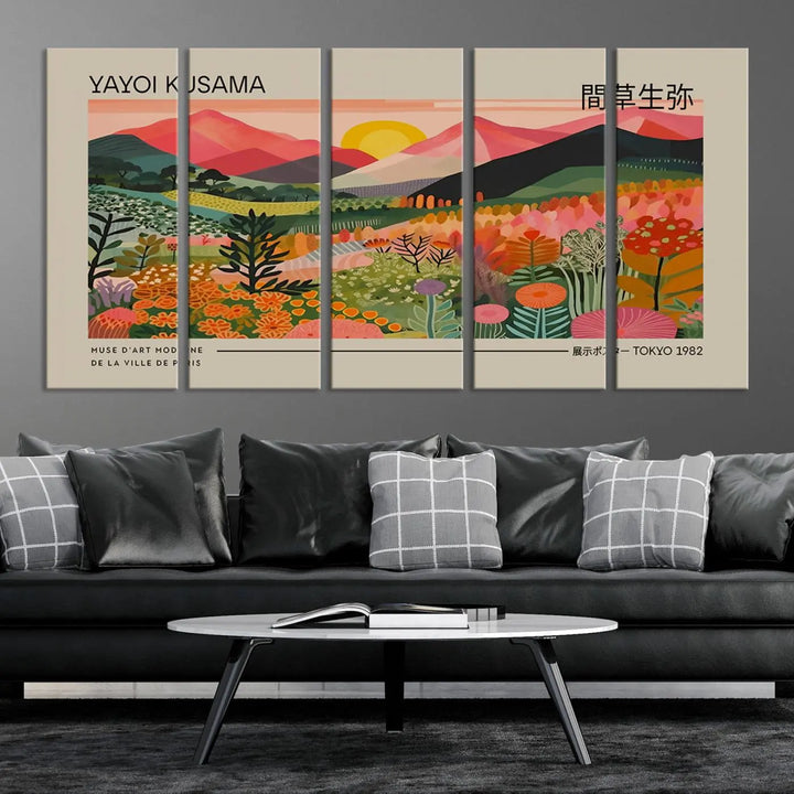 The Yayoi Kusama 1986 Wall Art Print Landscape Canvas Print, a vibrant triptych with abstract landscape art and bold floral motifs, serves as a stunning centerpiece for contemporary décor enthusiasts in this stylish living room.