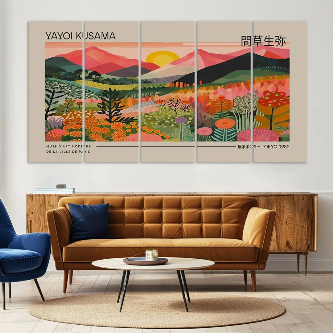 The Yayoi Kusama 1986 Wall Art Print Landscape Canvas Print, a vibrant triptych with abstract landscape art and bold floral motifs, serves as a stunning centerpiece for contemporary décor enthusiasts in this stylish living room.