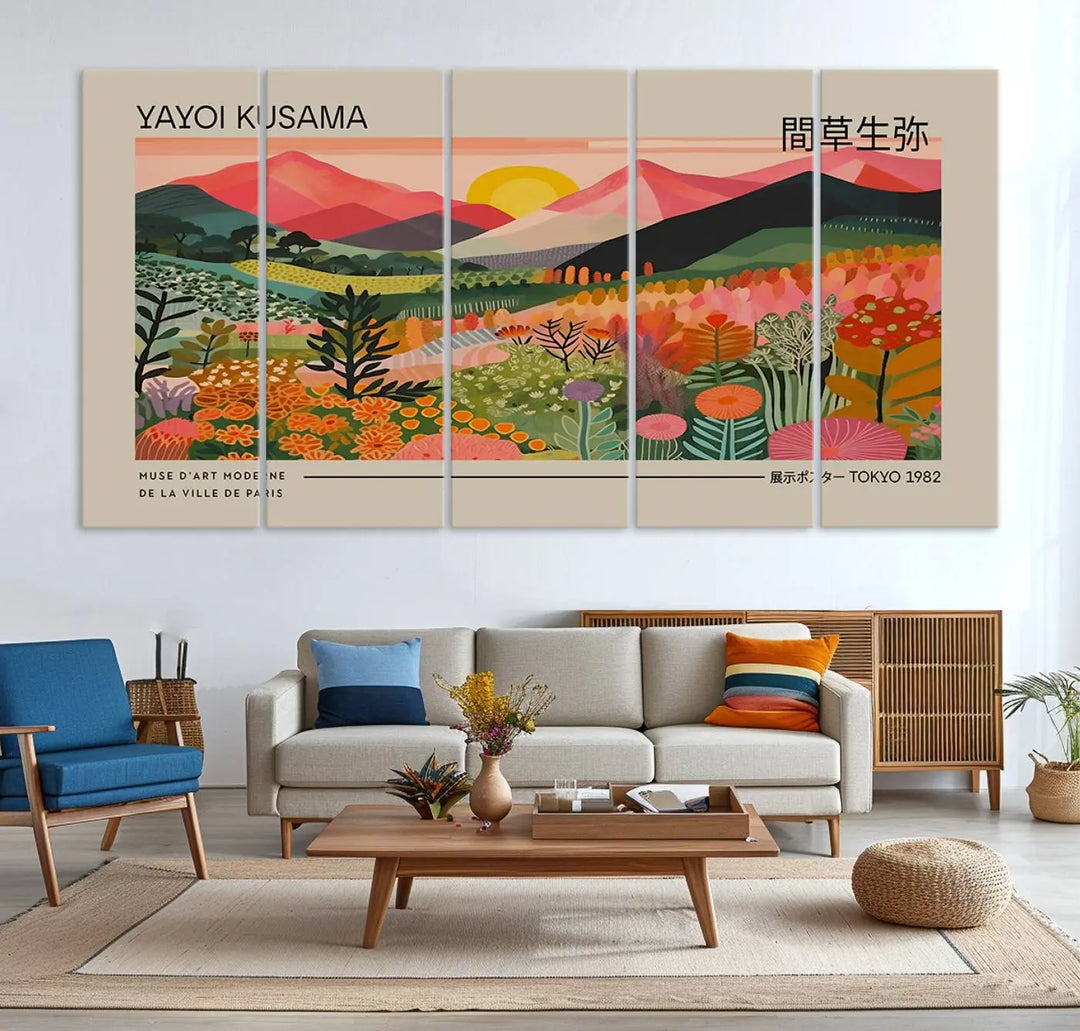 The Yayoi Kusama 1986 Wall Art Print Landscape Canvas Print, a vibrant triptych with abstract landscape art and bold floral motifs, serves as a stunning centerpiece for contemporary décor enthusiasts in this stylish living room.