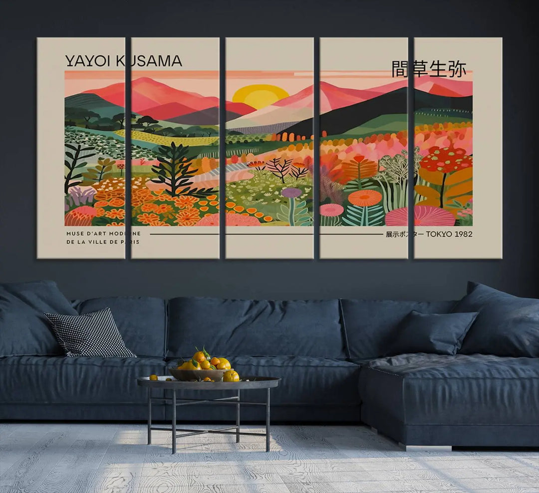 The Yayoi Kusama 1986 Wall Art Print Landscape Canvas Print, a vibrant triptych with abstract landscape art and bold floral motifs, serves as a stunning centerpiece for contemporary décor enthusiasts in this stylish living room.