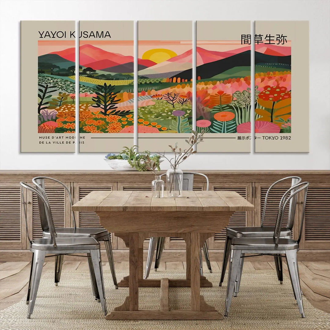 The Yayoi Kusama 1986 Wall Art Print Landscape Canvas Print, a vibrant triptych with abstract landscape art and bold floral motifs, serves as a stunning centerpiece for contemporary décor enthusiasts in this stylish living room.