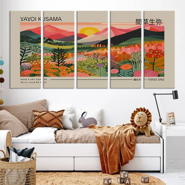 The Yayoi Kusama 1986 Wall Art Print Landscape Canvas Print, a vibrant triptych with abstract landscape art and bold floral motifs, serves as a stunning centerpiece for contemporary décor enthusiasts in this stylish living room.