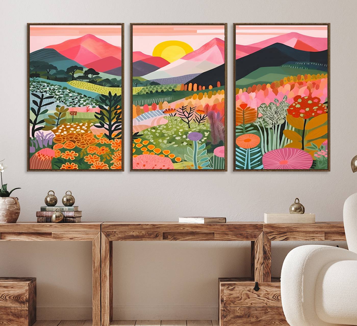 36236-MGV-FC-60X30-3P_Walnut-Yayoi Kusama 1986 Wall Art Print – Yayoi Kusama Wabi Sabi Japanese Wall Art Print - Vibrant Abstract Landscape Canvas – Ready-to-Hang Print