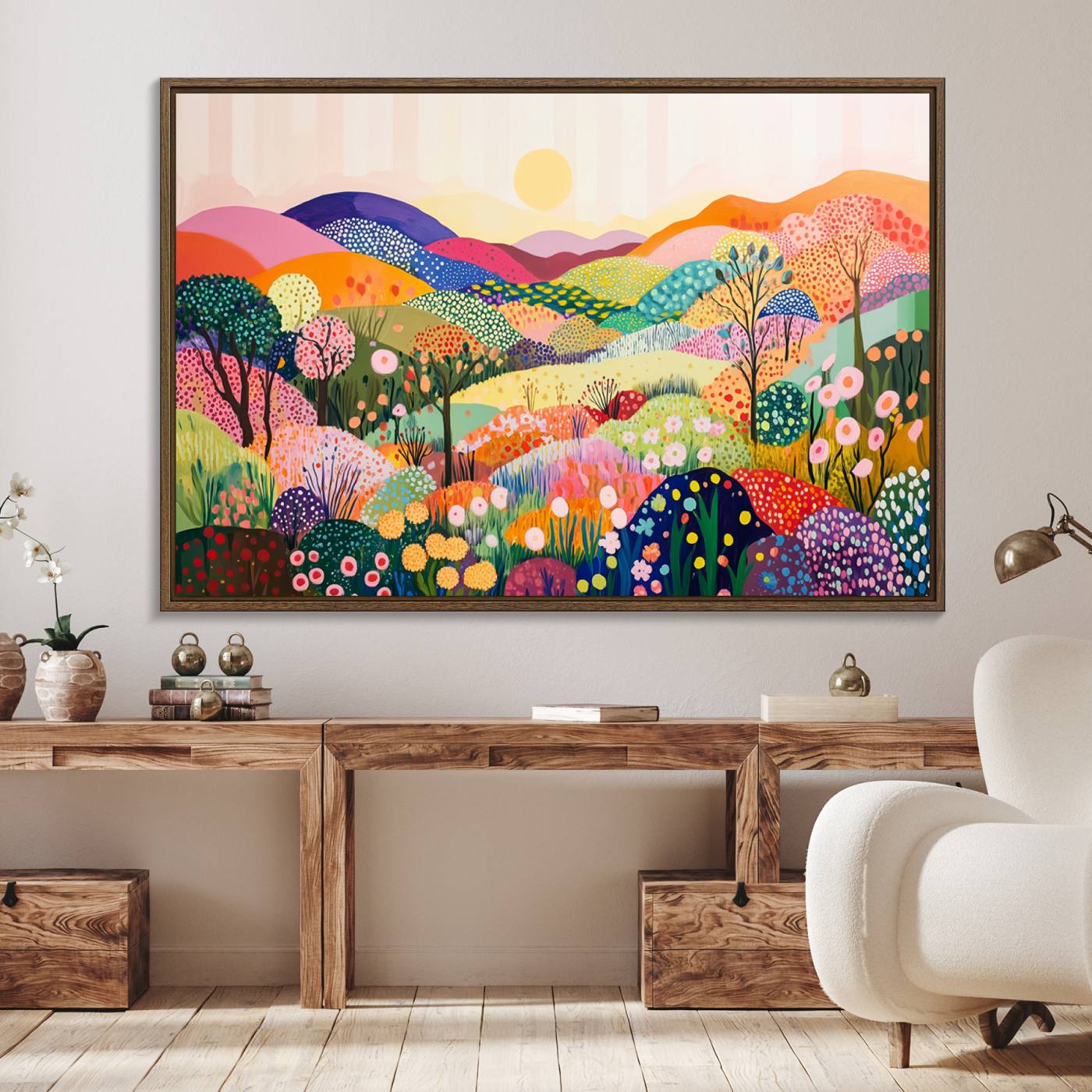 63198-MGV-FC-36X24_Walnut-Yayoi Kusama 1986 Wall Art Print – Yayoi Kusama Wabi Sabi Japanese Wall Art Print - Vibrant Abstract Landscape Canvas – Ready-to-Hang Print