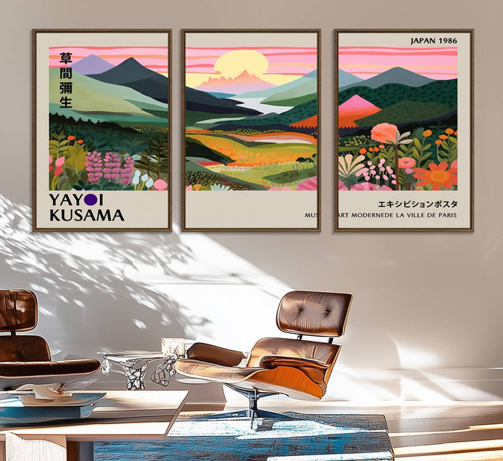 85192-MGV-FC-60X30-3P_Walnut-Yayoi Kusama 1986 Wall Art Print – Yayoi Kusama Wabi Sabi Japanese Wall Art Print - Vibrant Abstract Landscape Canvas – Ready-to-Hang Print