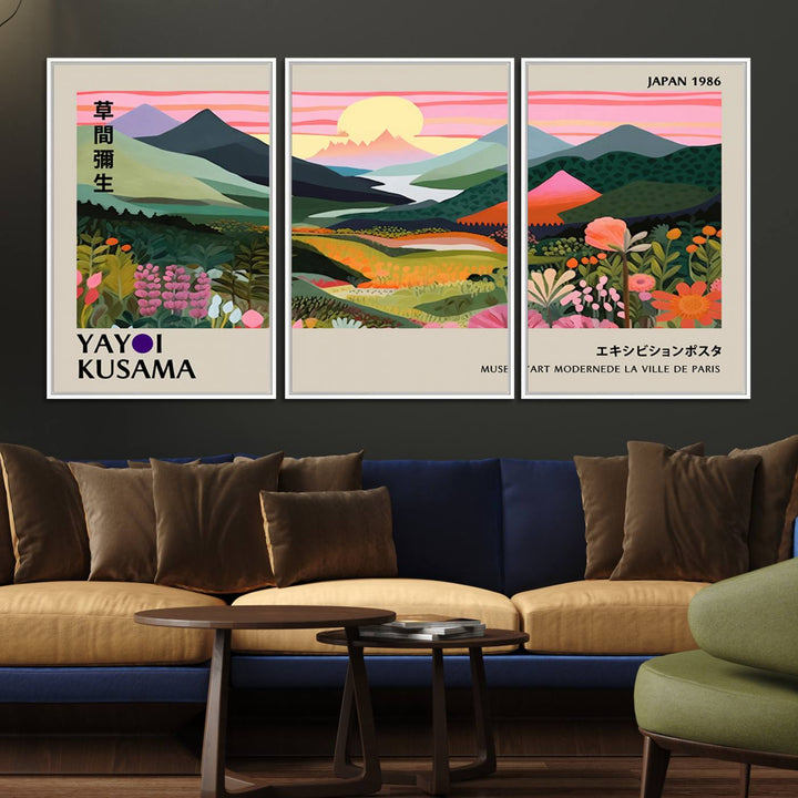 85192-MGV-FC-60X30-3P_White-Yayoi Kusama 1986 Wall Art Print – Yayoi Kusama Wabi Sabi Japanese Wall Art Print - Vibrant Abstract Landscape Canvas – Ready-to-Hang Print
