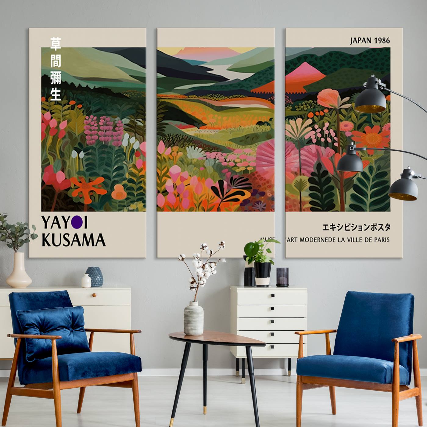 75719-MGV-CV-36X24-Yayoi Kusama Abstract Print, Vibrant Floral Mountain Art Print, Botanical Flower Nature Decor, Sunset Scenery Artwork, Ideal for Modern Home