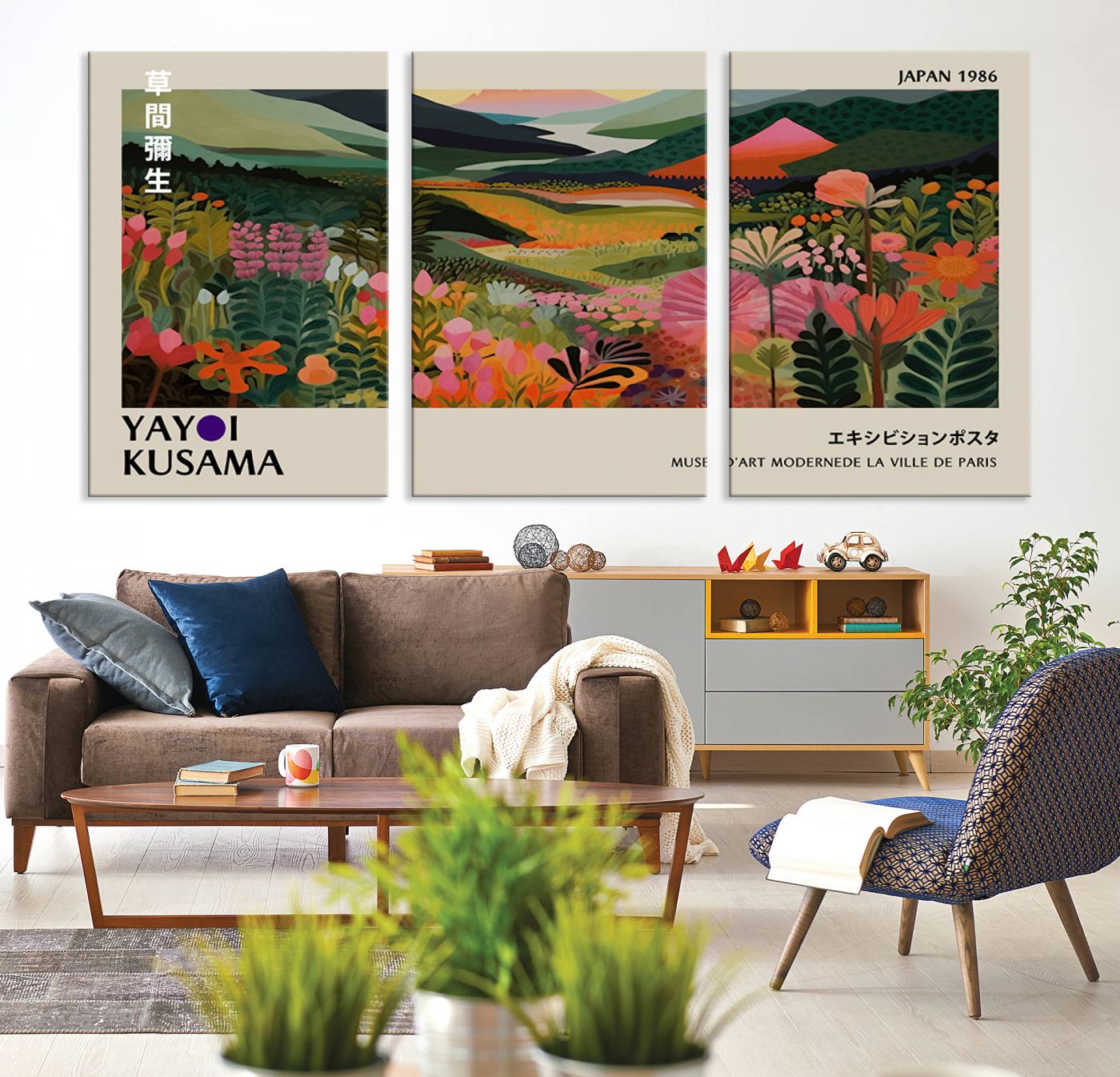 75719-MGV-CV-36X24-Yayoi Kusama Abstract Print, Vibrant Floral Mountain Art Print, Botanical Flower Nature Decor, Sunset Scenery Artwork, Ideal for Modern Home