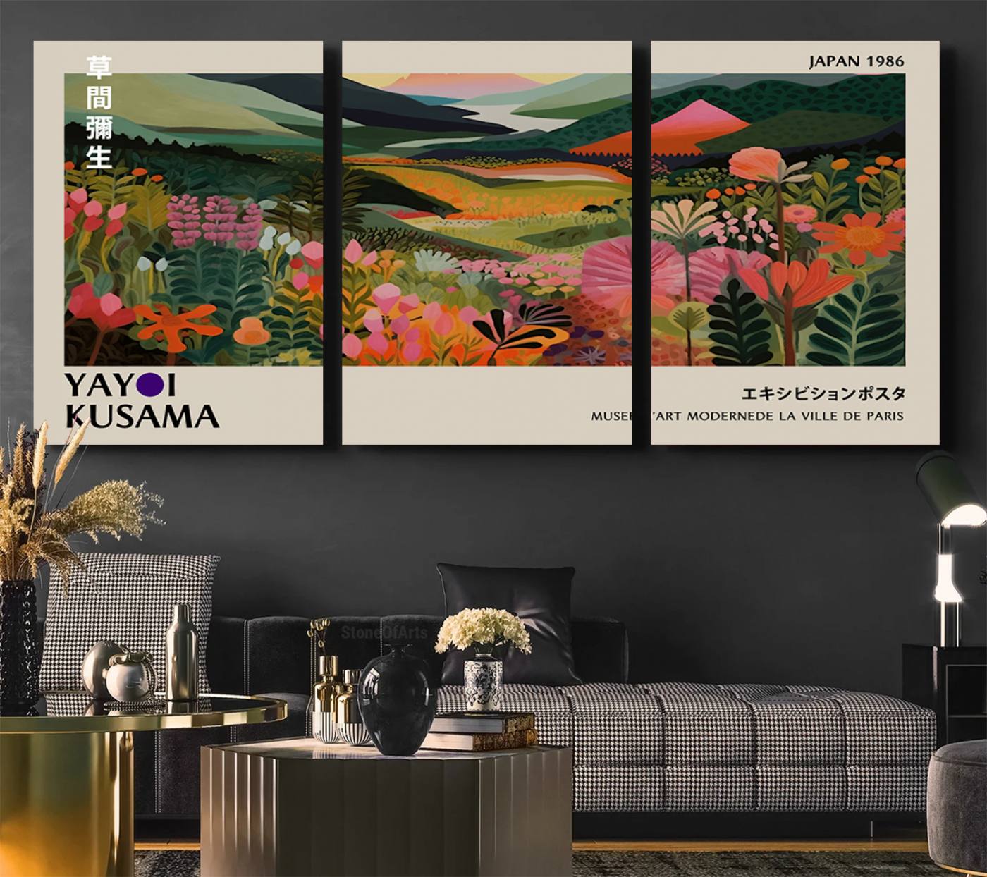 75719-MGV-CV-36X24-Yayoi Kusama Abstract Print, Vibrant Floral Mountain Art Print, Botanical Flower Nature Decor, Sunset Scenery Artwork, Ideal for Modern Home